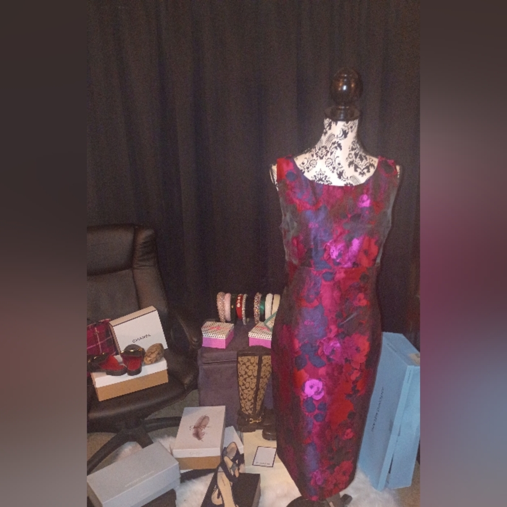Kasper Vibrant Red, Fushia, and Purple Just Below The Knee Length Dress.